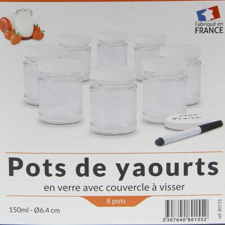 Pot de yaourt en verre avec couvercle à visser, x8